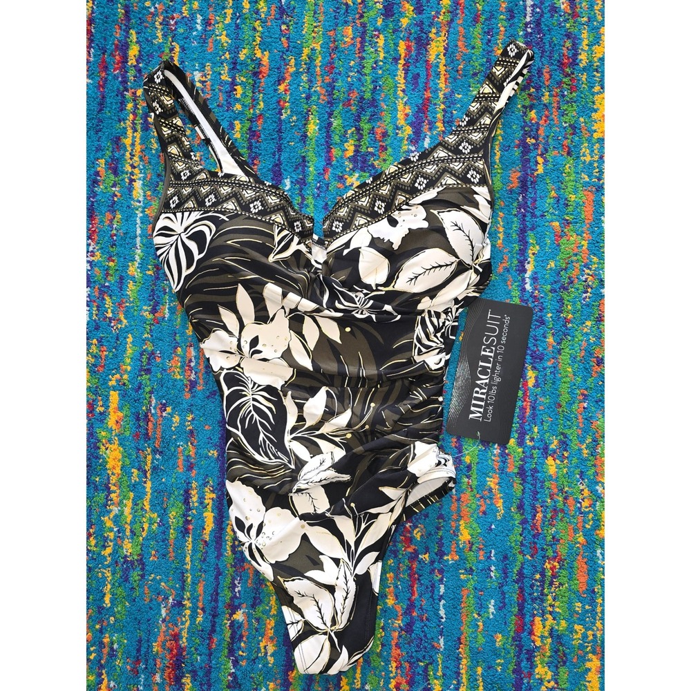 NWT Miraclesuit Elle Dorado Escape Swimsuit Black Gold Floral One Piece SZ 14